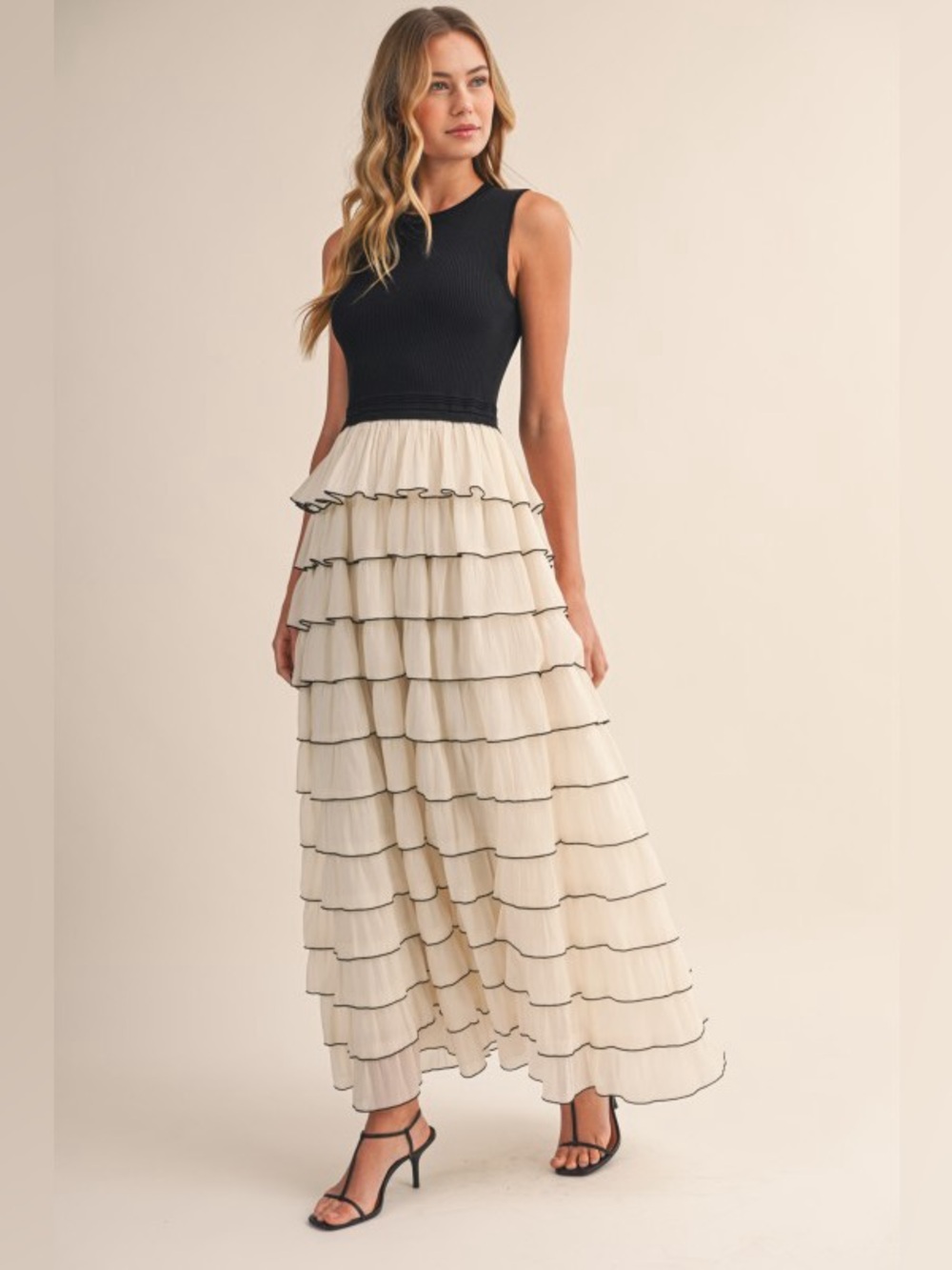 Sleeveless Black Bodice with Cream Tiered Ruffle Maxi Skirt